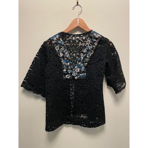 Vintage Handmade Womens Cardigan Medium Black Floral Lace Open Whimsigoth 90s - Picture 2 of 7